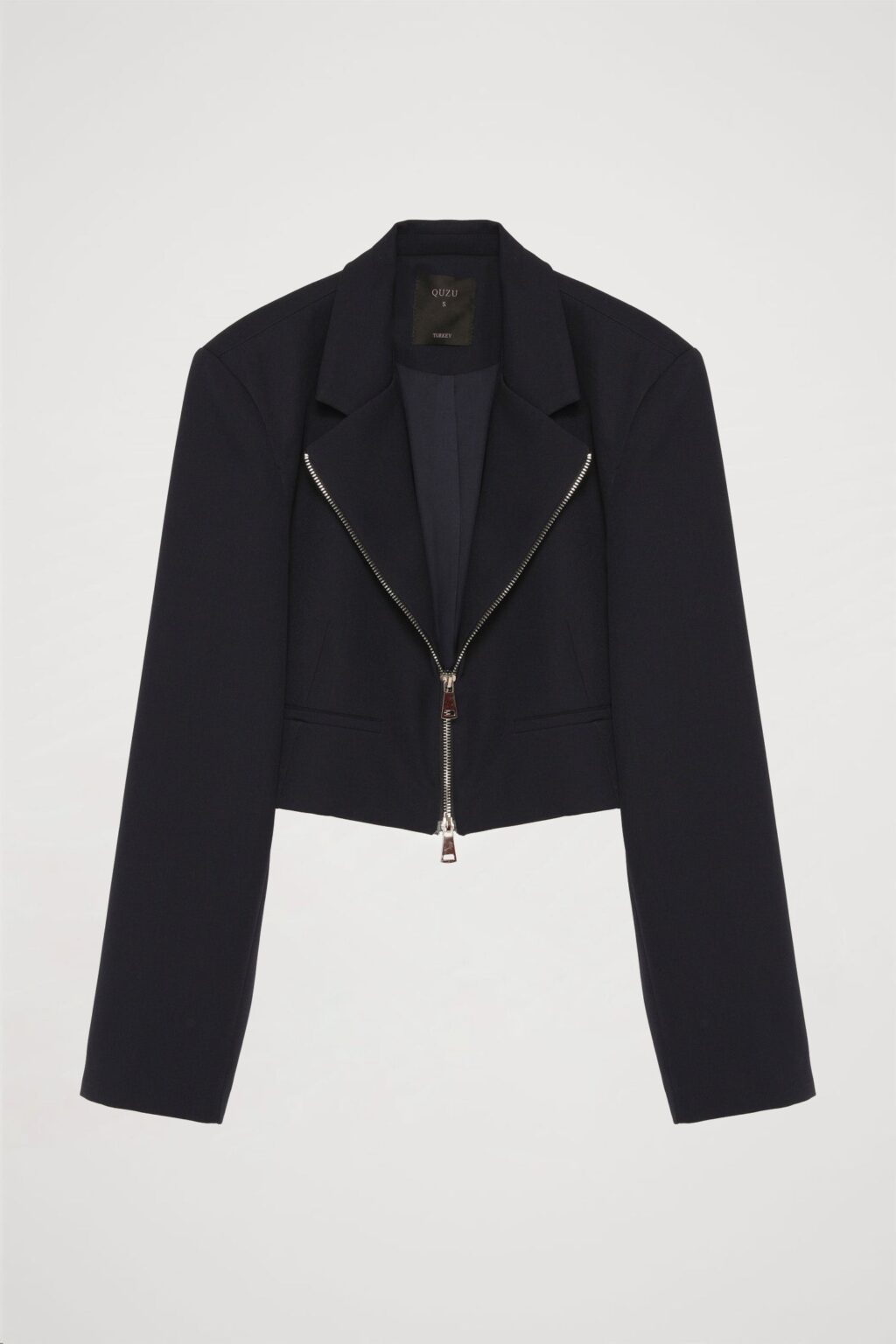 Önden Fermuarlı Crop Blazer Ceket Lacivert