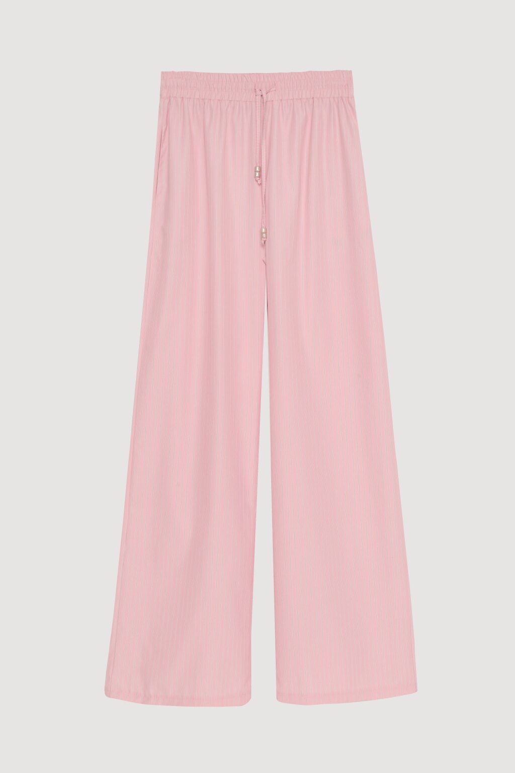 Beli Lastikli İnce Çizgili Geniş Paça Pantolon Pembe