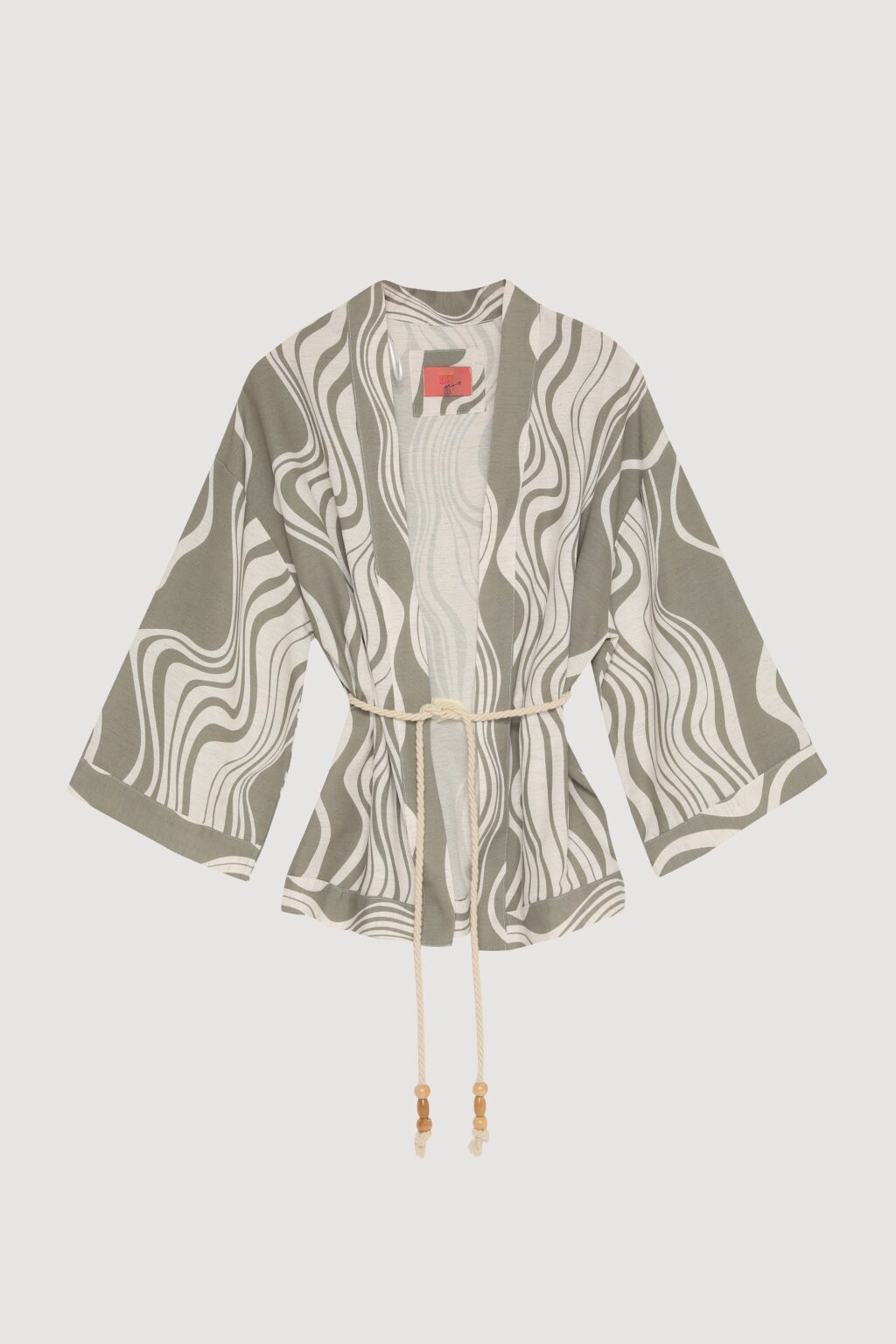 Dalga Desenli Bağlamalı Kimono Haki