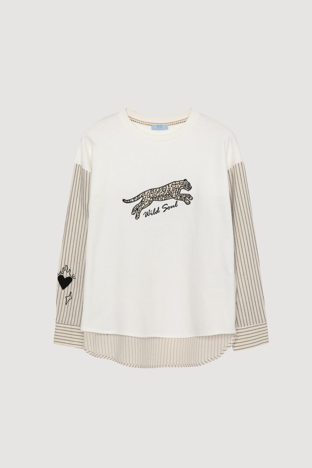 Çizgili Garnili Leopar Baskılı Sweatshirt Ekru