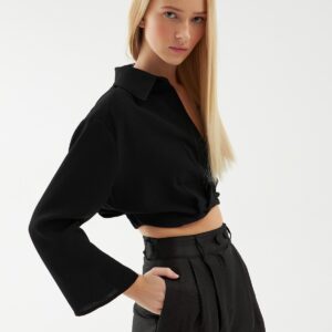 Beli Lastikli Crop Gömlek Siyah