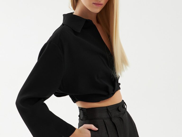 Beli Lastikli Crop Gömlek Siyah