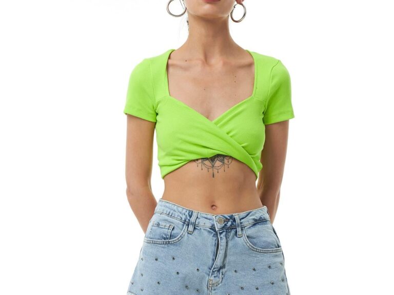 Çapraz Yaka Crop Bluz Yeşil