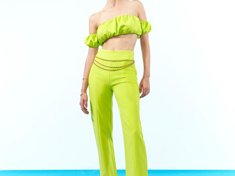 Yüksek Bel Paçası Yırtmaçlı Pantolon Neon Yeşil