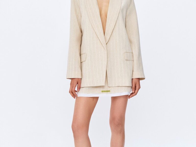 İnce Çizgi Detaylı Keten Blazer Ceket Naturel
