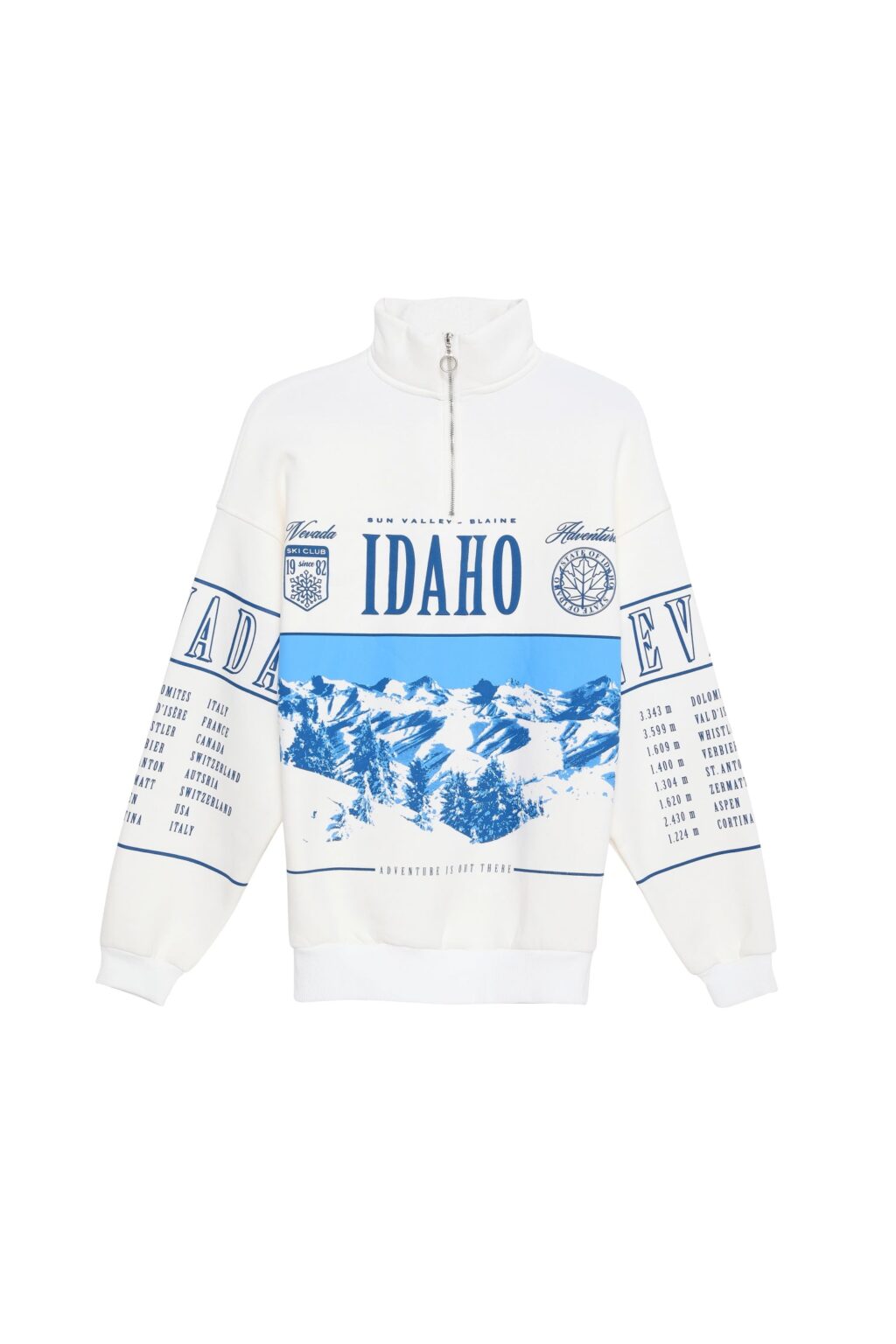 Dik Yaka Fermuarlı Baskılı Sweatshirt Ekru