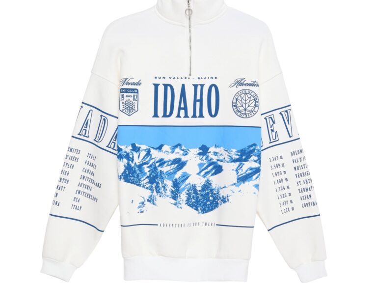 Dik Yaka Fermuarlı Baskılı Sweatshirt Ekru