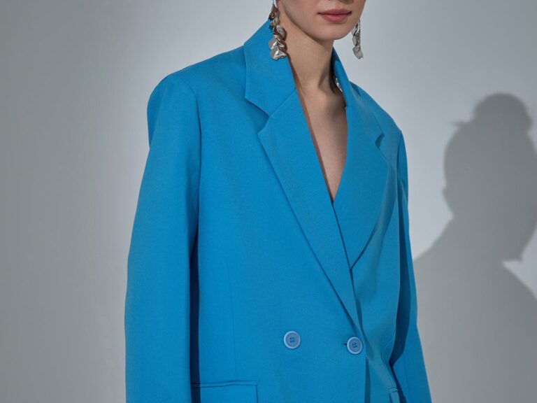 Kruvaze Yaka Oversize Blazer Ceket Mavi