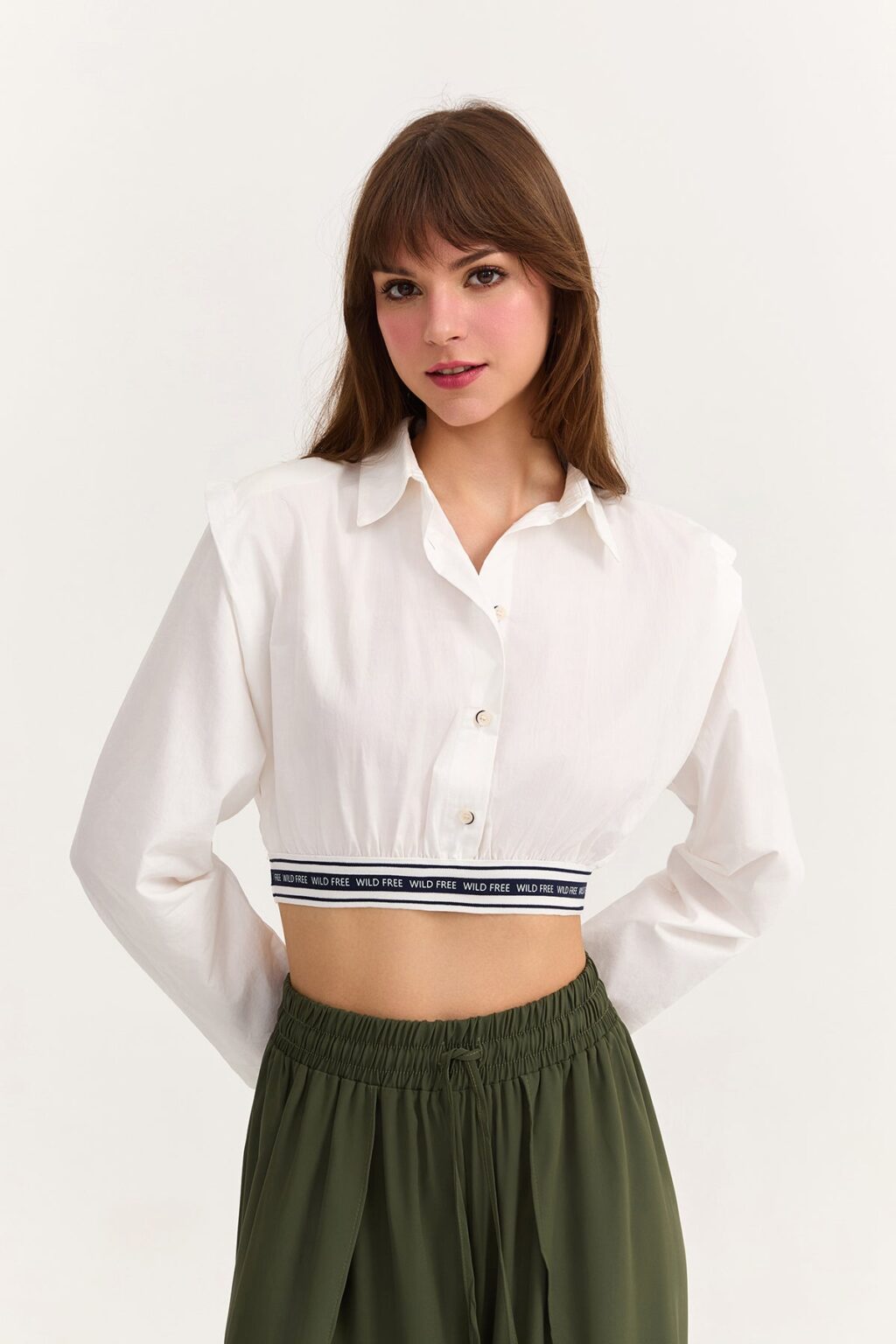Beli Lastikli Vatkalı Crop Gömlek Ekru