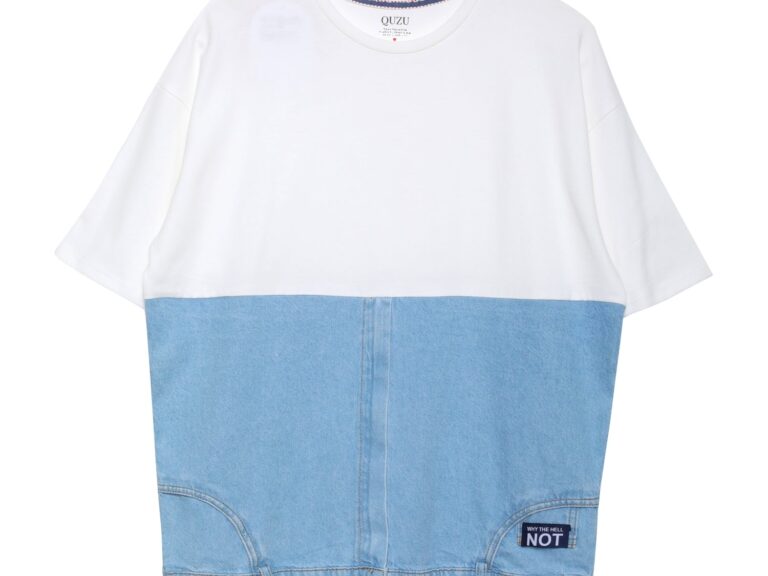 Denim Detaylı Kısa Kol Tişört Ekru