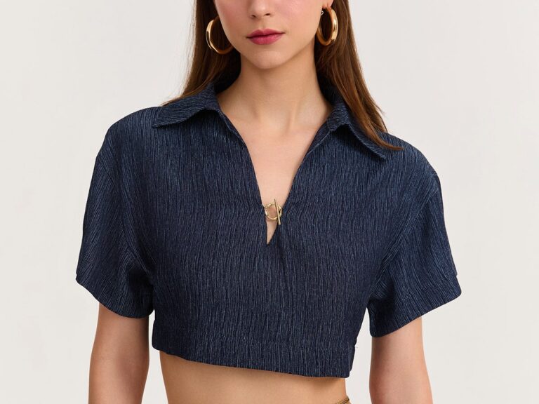 Gömlek Yaka Dokulu Crop Bluz İndigo