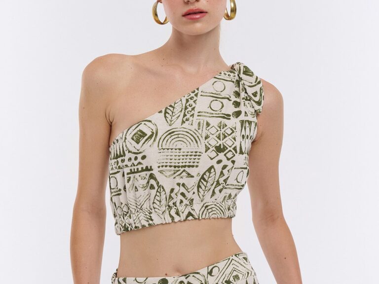 Tek Omuz Desenli Crop Keten Bluz Naturel