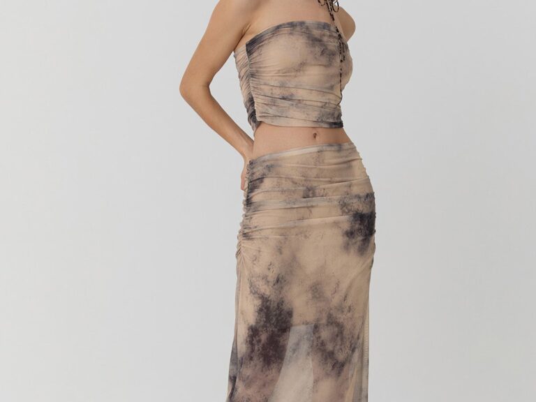 Drape Detaylı Desenli Tül Etek Camel