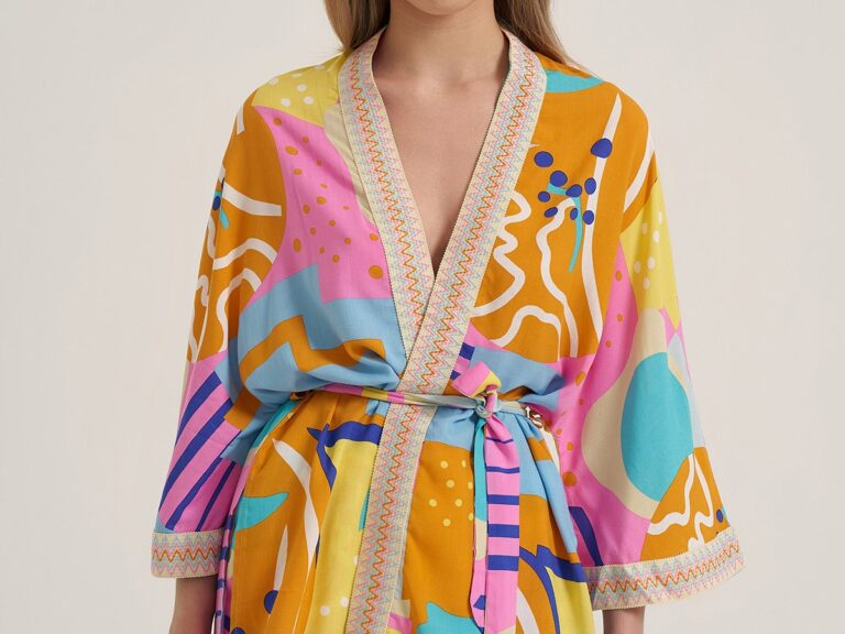 Bağlama Detaylı Renkli Desenli Kimono Turuncu