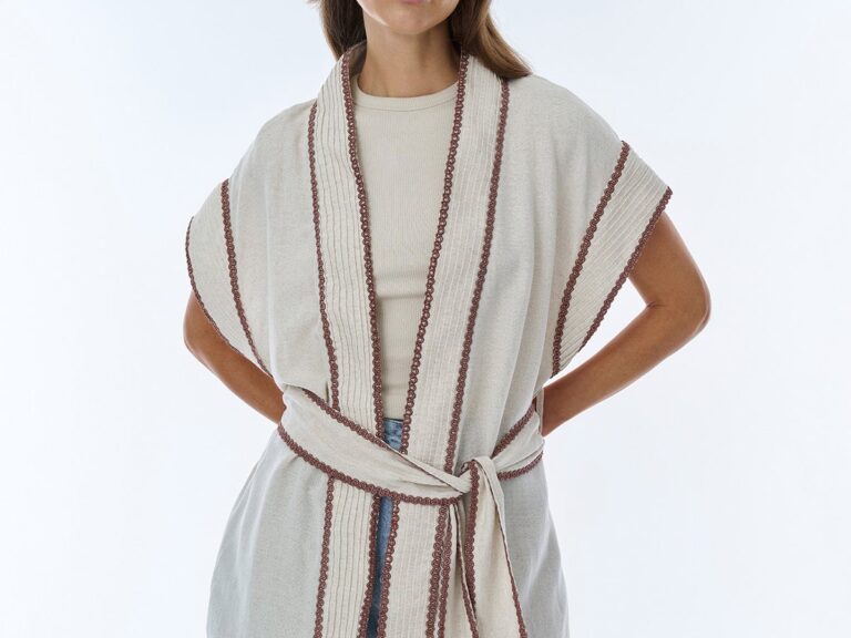 İşleme Detaylı Bağlamalı Keten Kimono Naturel