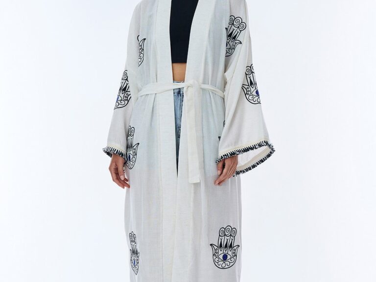 Nakış Detaylı Uzun Keten Kimono Naturel
