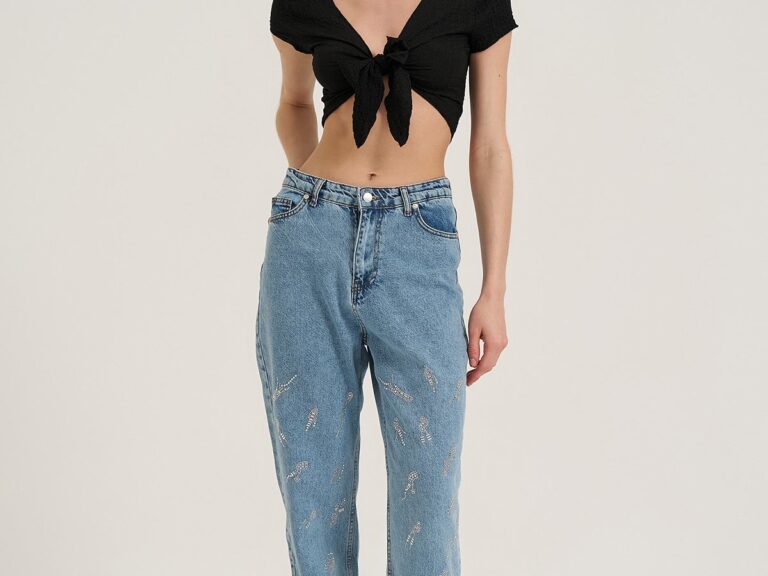Taş Detaylı Bol Paça Denim Pantolon Mavi