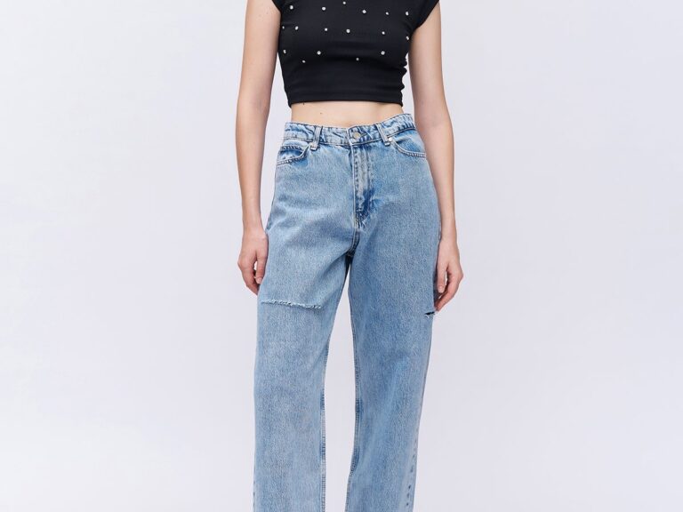 Yırtık Detaylı Bol Paça Denim Pantolon Mavi