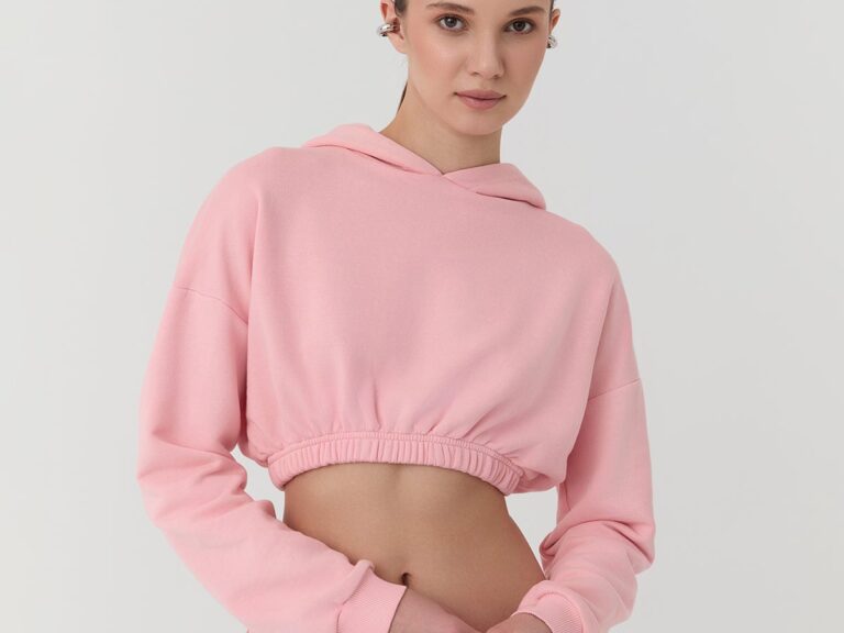 Kapüşonlu Crop Sweatshirt Pembe