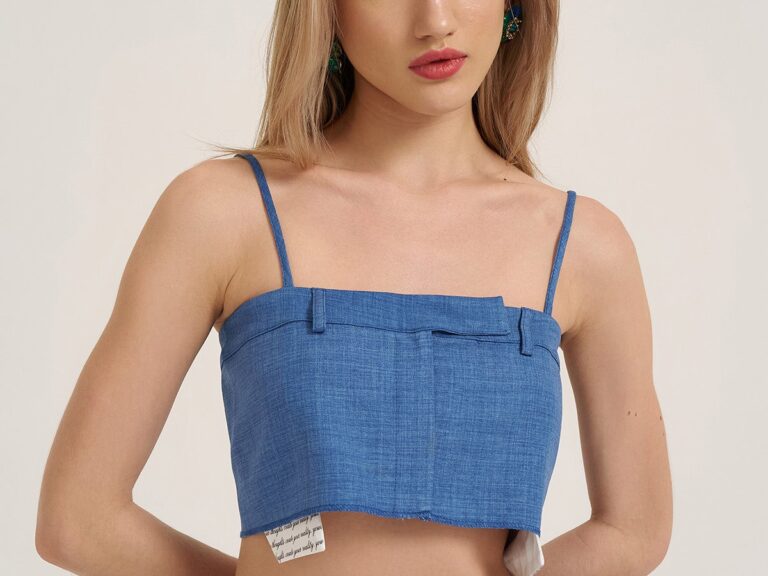 Kumaş Matchli Askılı Crop Bluz İndigo