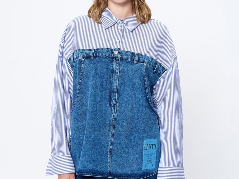 Çizgi Detaylı Denim Gömlek Mavi