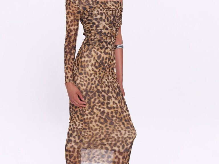 Leopar Desenli Drape Detaylı Tül Midi Elbise Kahverengi