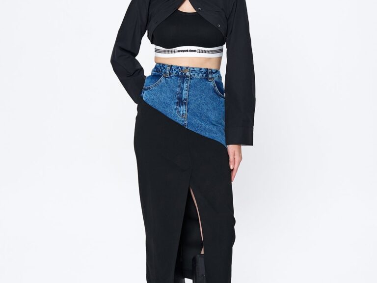 Denim Matchli Yırtmaçlı Midi Etek Siyah