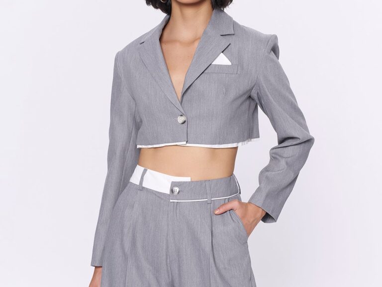 Sırtı Yazı Baskılı Kumaş Garnili Crop Ceket Gri