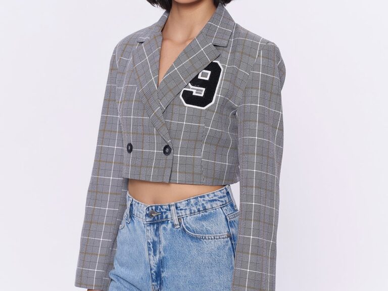Kareli Çift Düğmeli Crop Blazer Ceket Gri