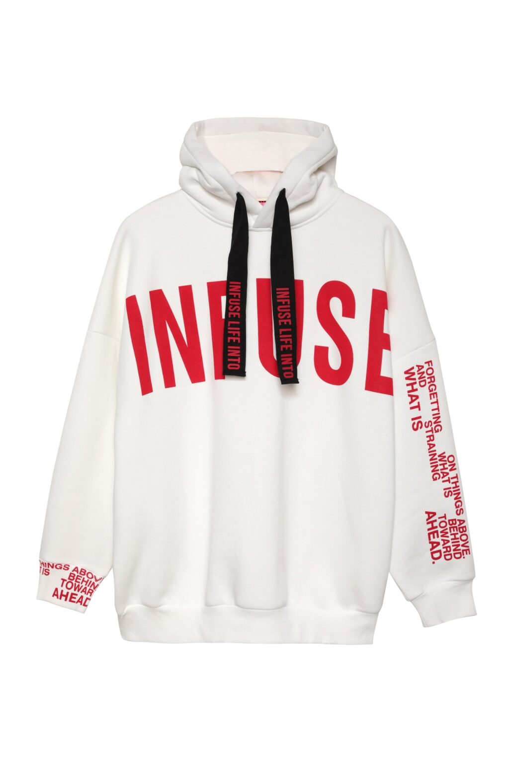 Kolu Yazı Baskılı Kapüşonlu Sweatshirt Ekru