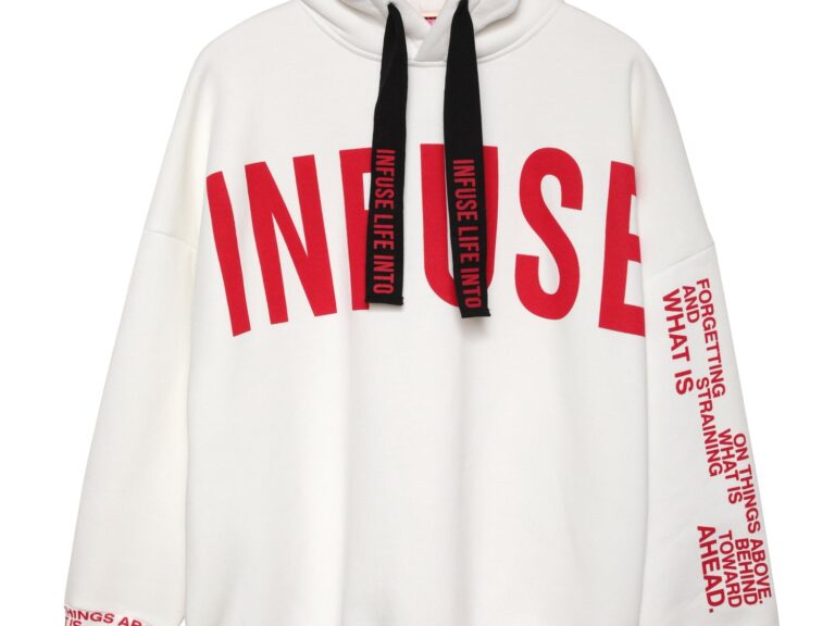 Kolu Yazı Baskılı Kapüşonlu Sweatshirt Ekru