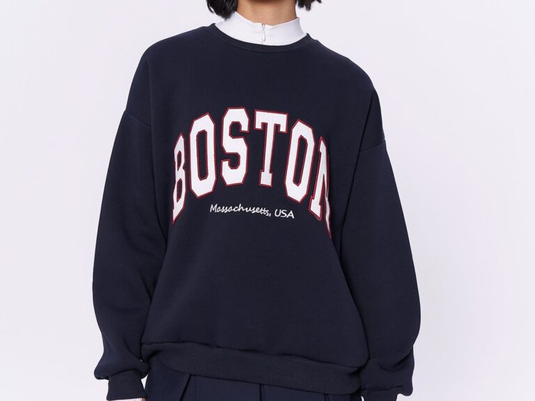Kolu Fermuarlı Boston Yazılı Sweatshirt Lacivert