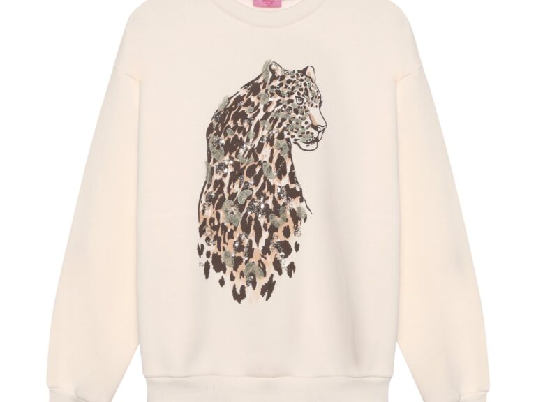 Boncuk Aksesuarlı Leopar Desenli Sweatshirt Bej