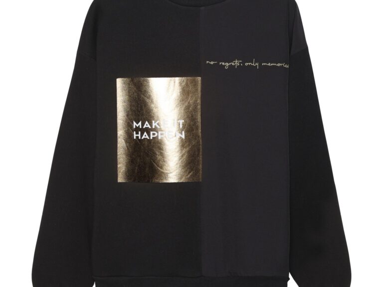 Parlak Folyo Baskılı Yazılı Sweatshirt Siyah