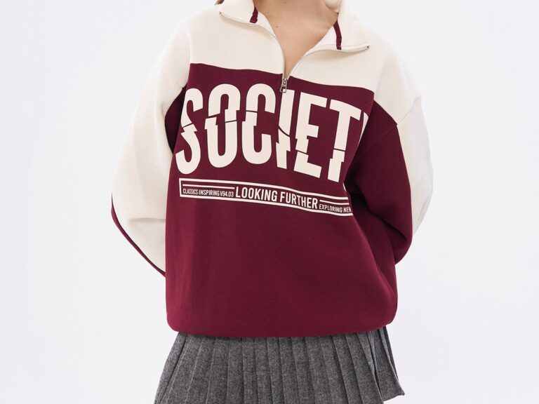 Renk Bloklu Yazılı Oversize Sweatshirt Bej