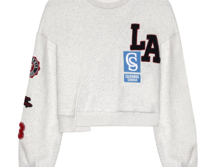 Keçe Yazılı Kolu Armalı Crop Sweatshirt Gri