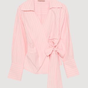 Kruvaze Bağlamalı Çizgili Bluz Pembe