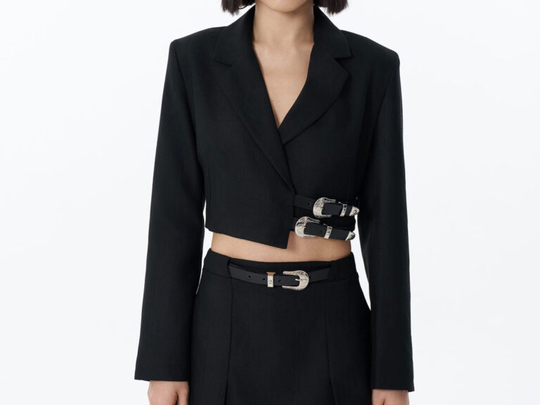 Kemer Aksesuarlı Crop Blazer Ceket Siyah