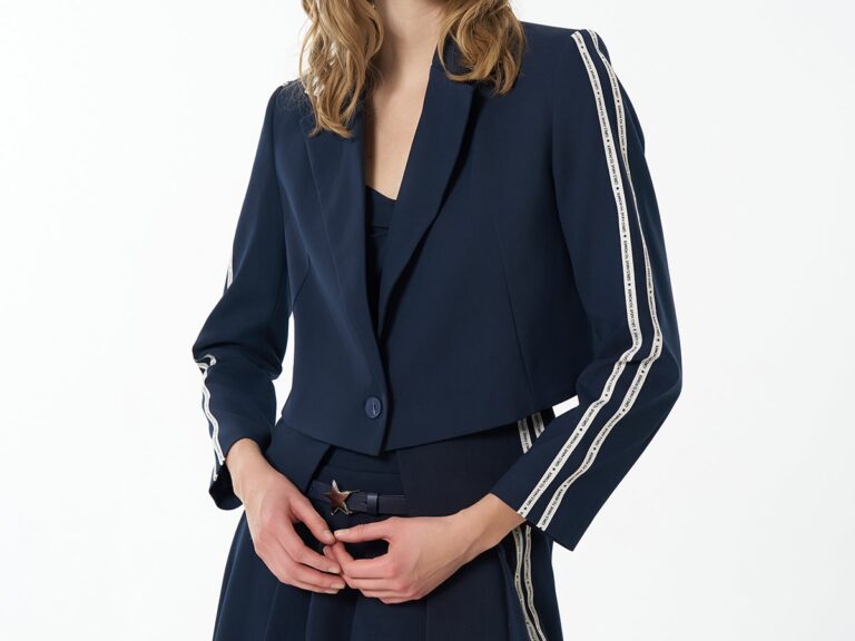 Yazı Şeritli Tek Düğmeli Crop Blazer Ceket Lacivert