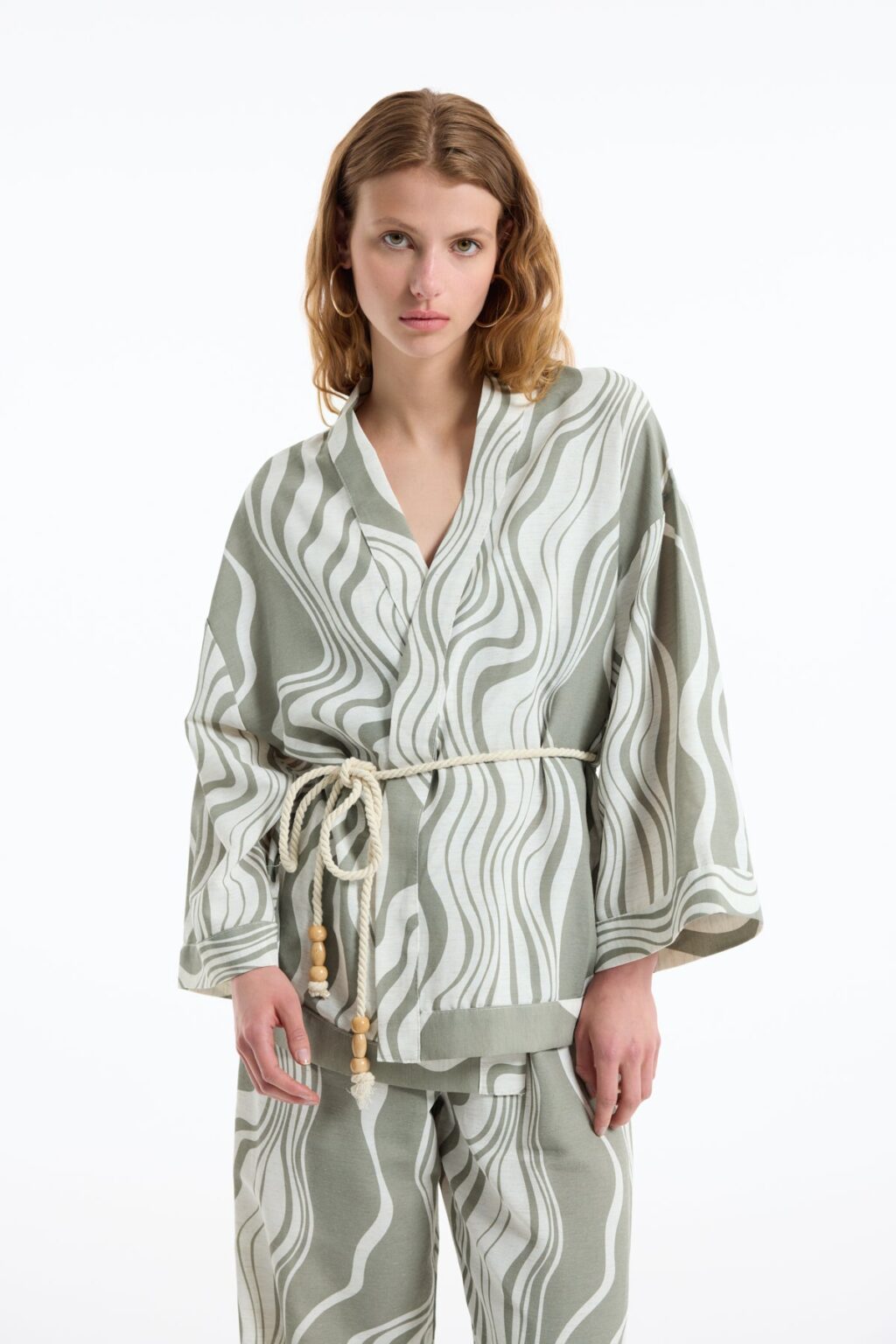 Dalga Desenli Bağlamalı Kimono Haki