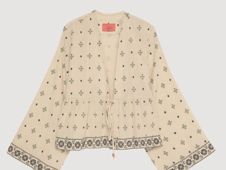 Pile Detaylı Etnik Desenli Bağlamalı Kısa Keten Kimono Naturel