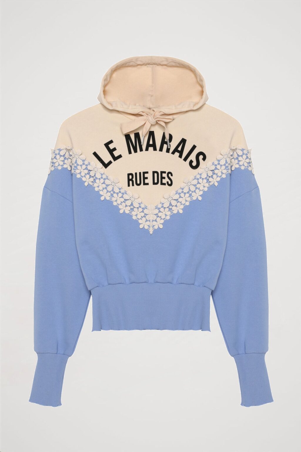 Dantel Çiçekli Baskılı Kapüşonlu Sweatshirt Mavi