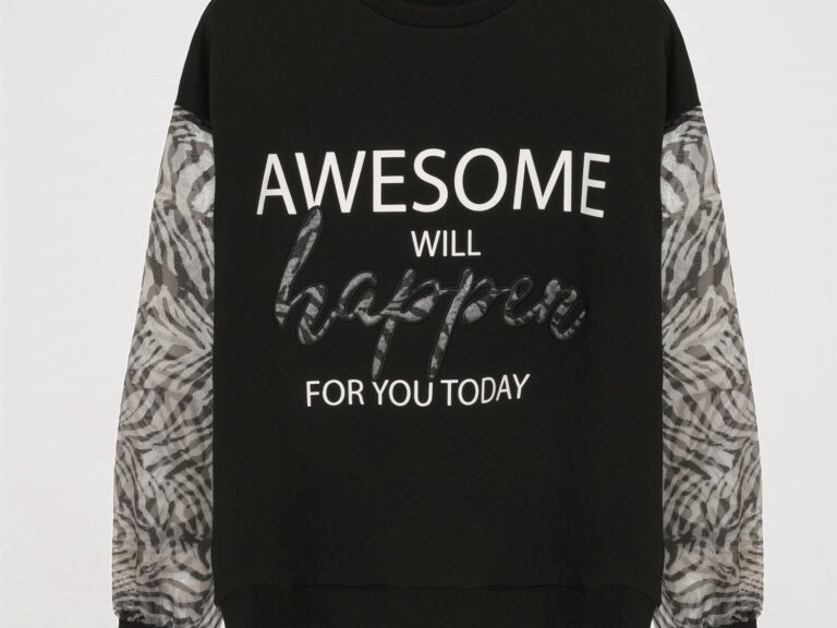 Kolu Zebralı Yazı Baskılı Sweatshirt Siyah