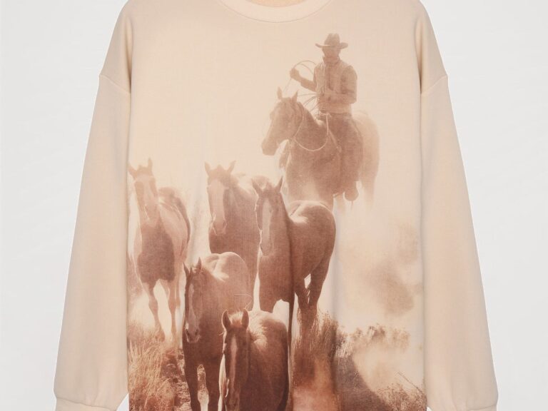 At Desenli Oversize Sweatshirt Açık Bej