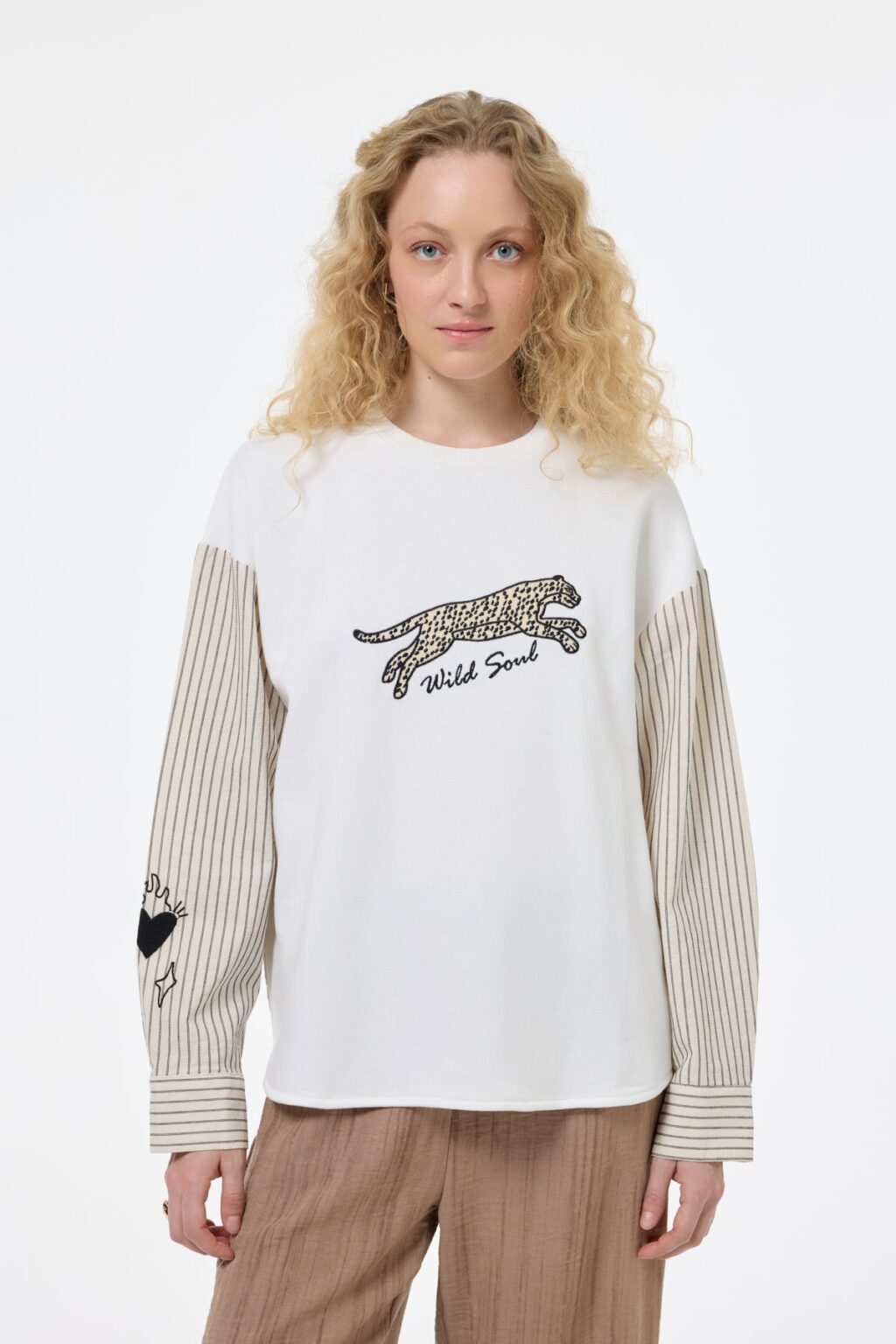 Çizgili Garnili Leopar Baskılı Sweatshirt Ekru