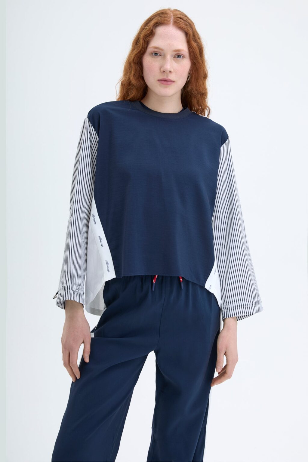 Kolları Çizgili Garnili Sweatshirt Lacivert