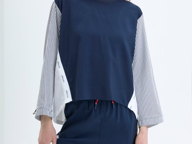 Kolları Çizgili Garnili Sweatshirt Lacivert