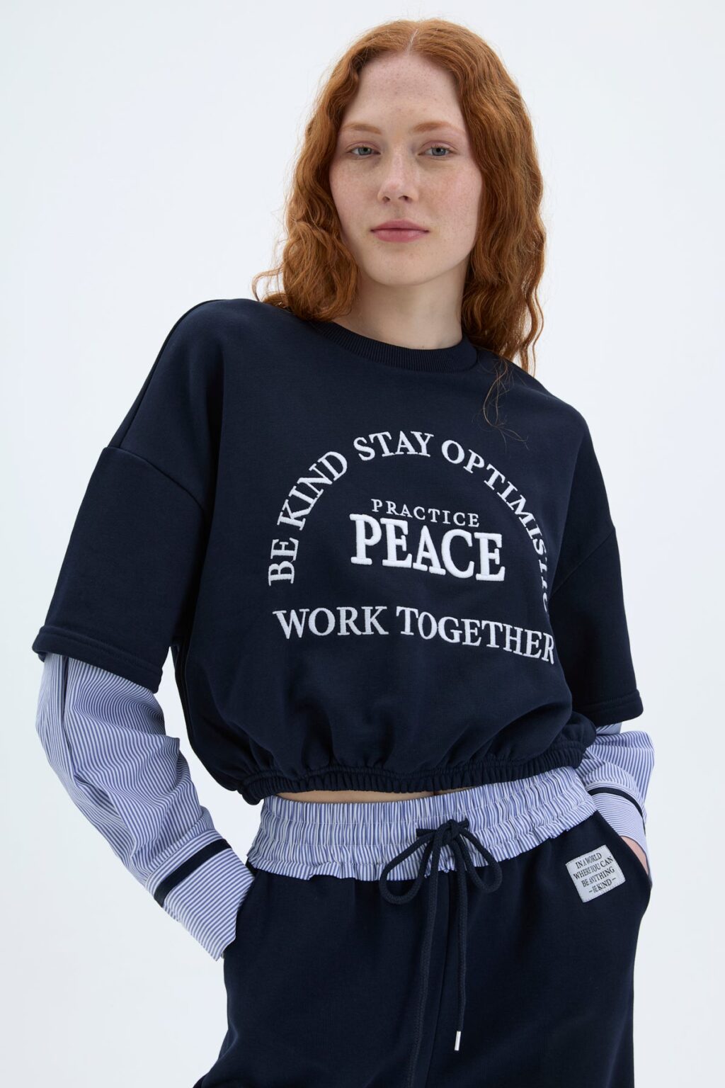 Kolları Çizgi Matchli Beli Lastikli Sweatshirt Lacivert