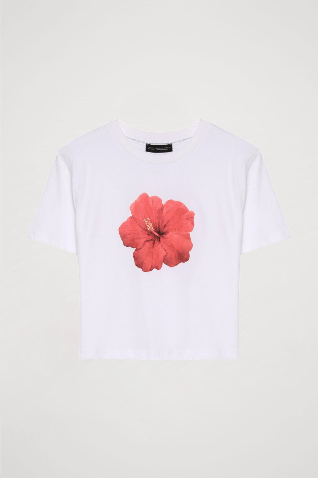 Renkli Hibiskus Çiçekli Crop Tişört Beyaz