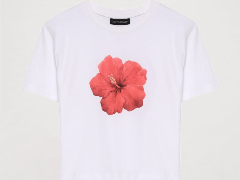 Renkli Hibiskus Çiçekli Crop Tişört Beyaz
